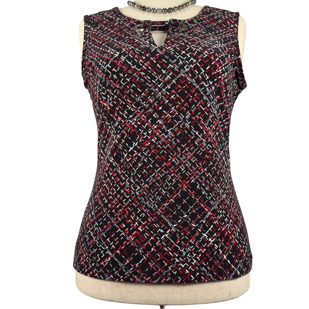 Tommy Hilfiger Sleeveless Top Blouse Medium Black Multi Graphic Stretch Workwear